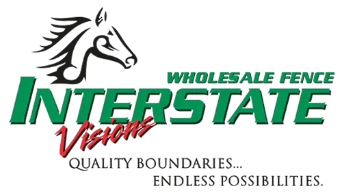 Logo with the words "Interstate Visions" in bold green and red text, accompanied by the phrase "Wholesale Fence" in smaller green letters on a black background.